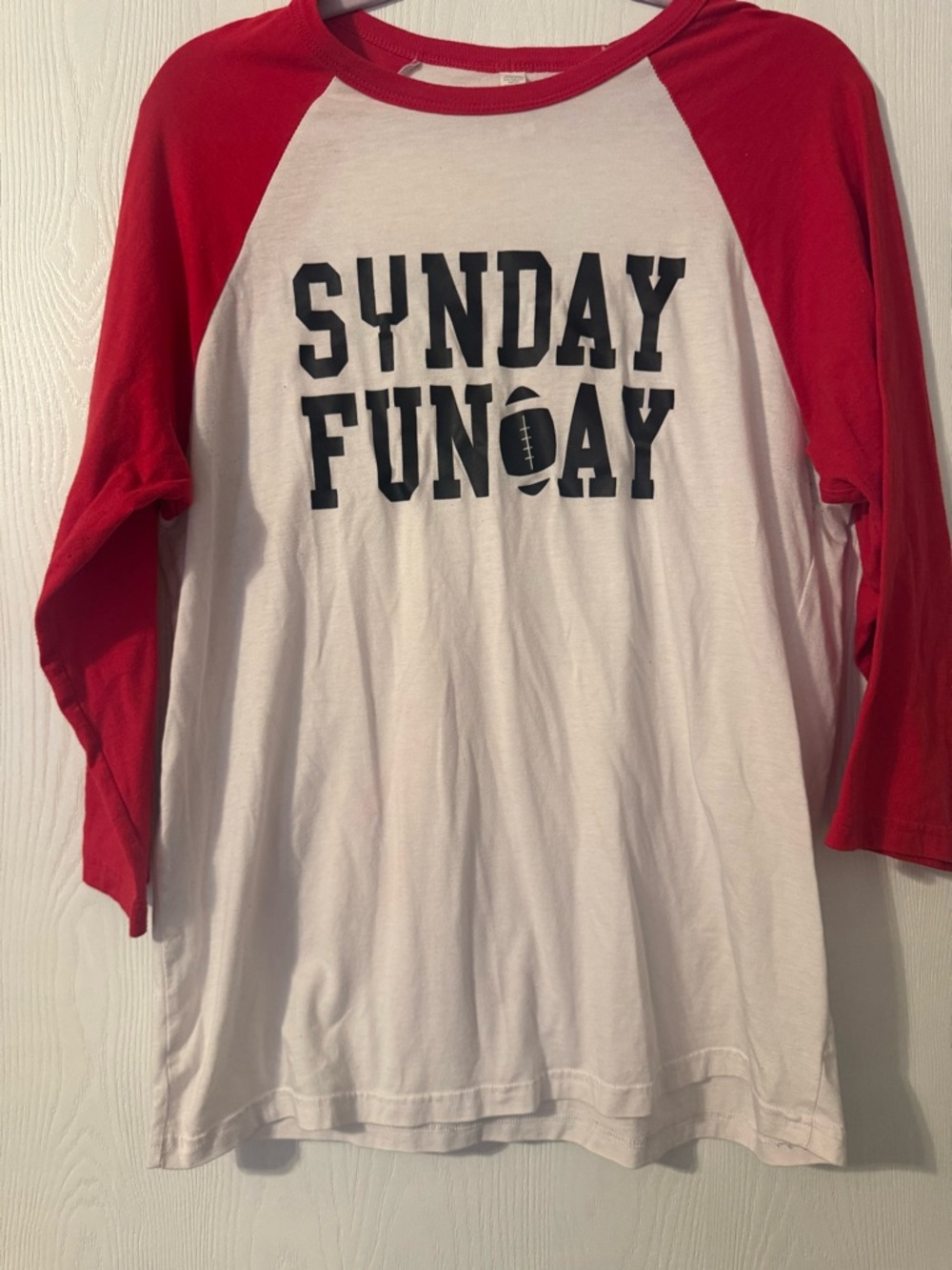 Red & White Baseball Tee with 'Sunday Funday' Football Graphic